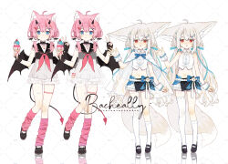 Rule 34 | 2girls, :o, ^ ^, ahoge, animal ear fluff, animal ears, artist name, asymmetrical legwear, bacheally, barefoot, black footwear, black gloves, black sailor collar, black skirt, black wings, blue bow, blue eyes, blue ribbon, blush, bow, cape, cat ears, closed eyes, collar, collarbone, commission, demon horns, demon tail, demon wings, dress, fingerless gloves, food, fox ears, fox girl, fox tail, frilled skirt, frills, gloves, hair ornament, hand up, high collar, highres, holding, horns, ice cream, kneehighs, large ears, layered skirt, long hair, looking at viewer, loose socks, low twintails, mary janes, miniskirt, mismatched legwear, multiple girls, multiple views, navel, neckerchief, open hand, original, parted lips, pink hair, pink neckerchief, pink socks, red eyes, reflection, ribbon, sailor collar, sailor dress, sakurada hane, sakurada shiro (hy plus), sample watermark, school uniform, scrunchie, see-through cape, serafuku, shirt, shoes, short twintails, siblings, sidelocks, signature, single kneehigh, single sock, single thighhigh, sisters, skirt, sleeveless, small horns, smile, socks, spread fingers, tail, thigh strap, thighhighs, twintails, uneven legwear, v, very long hair, vest, virtual youtuber, watermark, white background, white cape, white hair, white shirt, white socks, white thighhighs, white vest, wings, wrist scrunchie