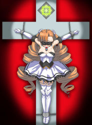 Rule 34 | 1girl, arcana heart, arcana heart 2, artist request, ball gag, bare shoulders, bdsm, blindfold, blindfolded, blue eyes, blue pupils, bondage, bound, braid, breasts, chain, cleavage, closed eyes, closed mouth, collarbone, corset, cross, crucifixion, dress, drill hair, earrings, elbow gloves, eyebrows, eyelashes, flower, gag, gagged, gem, gloves, hair flower, hair ornament, highres, jewelry, long hair, medium breasts, necklace, orange hair, petra johanna lagerkvist, red background, rose, short dress, single hair intake, solo, strapless, strapless dress, tagme, twin braids, twin drills, white dress, white flower, white gloves, white rose