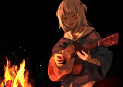 Rule 34 | 1girl, acoustic guitar, black background, blue hoodie, blunt bangs, blush, campfire, cinders, closed eyes, drawstring, fire, gawr gura, gawr gura (1st costume), guitar, hair ornament, hololive, hololive english, hood, hood down, hoodie, instrument, laughing, long hair, multicolored hair, music, night, ostin0127, playing instrument, rock, shark hair ornament, sharp teeth, simple background, sitting, smile, solo, streaked hair, teeth, two side up, virtual youtuber, white hair