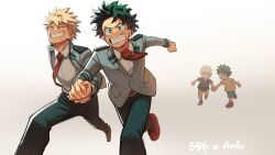 2boys ^_^ age_comparison age_progression aged_down bakugou_katsuki belt black_shirt blazer blonde_hair boku_no_hero_academia bright_pupils brown_belt brown_footwear character_name child clenched_hand clenched_teeth closed_eyes collared_shirt commentary cross-laced_footwear double_horizontal_stripe dress_shirt floating_clothes flying_sweatdrops foot_out_of_frame foreshortening freckles green_eyes green_hair green_pants green_shorts grey_background grey_jacket grin hair_between_eyes hands_up happy highres holding_hands jacket lapels layered_sleeves lc._universe leaning_forward leg_up long_sleeves looking_ahead looking_at_another looking_to_the_side male_focus midoriya_izuku multiple_boys necktie no_pupils notched_lapels open_clothes open_jacket open_mouth outstretched_arms pants partially_unbuttoned pocket red_eyes red_footwear red_necktie running school_uniform shirt shoes short_hair short_sleeves shorts side-by-side smile sneakers spiked_hair spread_arms sweat symbol-only_commentary t-shirt teeth thai_text three_quarter_view turning_head u.a._school_uniform v-shaped_eyebrows walking white_pupils white_shirt wing_collar yellow_shirt