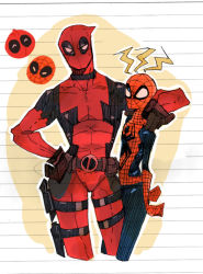 Rule 34 | 22 (tak ja), 2boys, ^ ^, animal print, arm around neck, arms at sides, belt, belt pouch, black gloves, black neckwear, bodysuit, closed eyes, cropped legs, deadpool, deadpool (series), gloves, hand on own hip, head tilt, looking at viewer, male focus, marvel, multiple boys, outline, pouch, spider-man, spider-man (series), spider web print, thigh strap, white outline