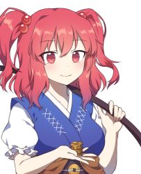 Rule 34 | 1girl, black sash, blue kimono, blush, brown sash, closed mouth, coin, coin on string, commission, hair between eyes, hair bobbles, hair ornament, holding, japanese clothes, kaoling, kimono, korean commentary, long hair, onozuka komachi, puffy short sleeves, puffy sleeves, red eyes, red hair, sash, short sleeves, simple background, smile, solo, touhou, two side up, upper body