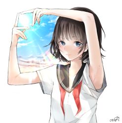 Rule 34 | 1girl, arm above head, arm up, armpits, artist name, black hair, blue eyes, blue sky, collarbone, diffraction spikes, fingers together, index fingers together, light smile, looking at viewer, neckerchief, original, red neckerchief, sailor collar, sakippo (sakippo0), school uniform, serafuku, shirt, short hair, short sleeves, signature, simple background, sky, solo, sun, untied, upper body, white background, white shirt