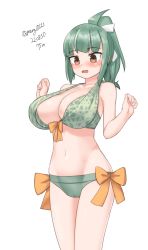 Rule 34 | 1girl, absurdres, alternate breast size, bikini, breasts, brown eyes, cowboy shot, dated, front-tie top, green bikini, green hair, hair ribbon, highres, kantai collection, large breasts, maru (marg0613), melon print, one-hour drawing challenge, ponytail, ribbon, side-tie bikini bottom, simple background, solo, swimsuit, twitter username, white background, white ribbon, yuubari (kancolle), yuubari kai ni (kancolle)
