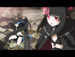 Rule 34 | 10s, 2girls, anime coloring, arm cannon, bikini, bikini top only, black gold saw, black hair, black rock shooter, black rock shooter (character), blue eyes, cannon, checkered floor, flat chest, glowing, glowing eyes, gun, haku (pixiv194699), horns, letterboxed, long hair, midriff, multiple girls, navel, pale skin, red eyes, scar, shorts, sion (laterna magica), swimsuit, twintails, very long hair, weapon