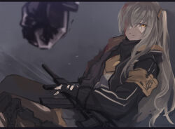 Rule 34 | 1girl, 1other, 404 logo (girls&#039; frontline), armband, black jacket, blood, blood in hair, blood on face, clenched hand, commentary request, fingerless gloves, girls&#039; frontline, gloves, gun, h&amp;k ump, h&amp;k ump, hair over one eye, injury, jacket, long hair, looking at viewer, one side up, out of frame, pleated skirt, scar, scar across eye, sitting, skirt, solo focus, submachine gun, tsuki tokage, ump45 (girls&#039; frontline), weapon, yellow armband