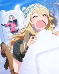 Rule 34 | 10s, 2girls, ^ ^, blonde hair, closed eyes, d:, closed eyes, food, gloves, handa roco, hat, hoshii miki, idolmaster, idolmaster (classic), idolmaster million live!, multiple girls, non-web source, official art, onigiri, open mouth, silver hair, snow, snow sculpture