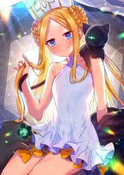 Rule 34 | 1girl, abigail williams (fate), abigail williams (swimsuit foreigner) (fate), abigail williams (swimsuit foreigner) (second ascension) (fate), akirannu, backlighting, bare shoulders, black bow, black cat, blonde hair, blue eyes, bow, braid, braided bun, breasts, cat, double bun, dress swimsuit, fate/grand order, fate (series), forehead, hair bun, hat, highres, long hair, mitre, multiple bows, one-piece swimsuit, orange bow, parted bangs, sidelocks, small breasts, smile, swimsuit, twintails, very long hair, white hat, white one-piece swimsuit