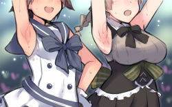 Rule 34 | 2girls, armpits, arms up, black bow, blue bow, bow, braid, breasts, brown hair, dress, em (totsuzen no hakike), gloves, large breasts, lynette bishop, miyafuji yoshika, multiple girls, open mouth, out of frame, plaid, plaid bow, sailor dress, sleeveless, sleeveless dress, small breasts, strike witches, striped, striped bow, sweat, white gloves, world witches series
