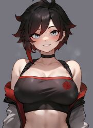 Rule 34 | 1girl, antenna hair, bare shoulders, black choker, black hair, bluefield, blush, breasts, choker, cleavage, collarbone, commentary, grey background, grey eyes, head tilt, highres, jacket, large breasts, looking at viewer, open mouth, ruby rose, rwby, short hair, simple background, smile, solo, sweat, teeth, upper body, white jacket