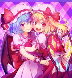 Rule 34 | 2girls, blonde hair, blue hair, bow, brooch, cheek-to-cheek, dress, fangs, flandre scarlet, hat, hat bow, heads together, jewelry, looking at viewer, mob cap, multiple girls, open mouth, puffy short sleeves, puffy sleeves, red eyes, remilia scarlet, sash, shichi miko, short hair, short sleeves, siblings, side ponytail, sisters, smile, sparkle, touhou, wings, wrist cuffs