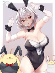 Rule 34 | 1girl, animal ears, arms up, azur lane, bare shoulders, black bow, black bowtie, black leotard, bow, bowtie, breasts, cleavage, commentary request, cowboy shot, detached collar, elbow gloves, fake animal ears, gloves, grey background, irohara, large breasts, leotard, looking at viewer, manjuu (azur lane), parted lips, playboy bunny, rabbit ears, red eyes, short hair, sirius (azur lane), solo, standing, strapless, strapless leotard, thighhighs, white gloves, white hair, white thighhighs