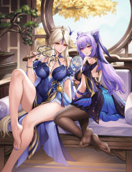 Rule 34 | 2girls, bare legs, bare shoulders, barefoot, blue dress, blue nails, bonsai, breasts, brown legwear, closed mouth, cone hair bun, couch, dress, feet, genshin impact, hair bun, hand fan, highres, holding, holding fan, kacyu, keqing (genshin impact), keqing (opulent splendor) (genshin impact), large breasts, long hair, multiple girls, nail polish, ningguang (genshin impact), ningguang (orchid&#039;s evening gown) (genshin impact), no shoes, on couch, pantyhose, parted bangs, parted lips, purple eyes, purple hair, purple nails, red eyes, round window, sitting, smile, thighs, toenail polish, toenails, very long hair, vision (genshin impact), white hair, window