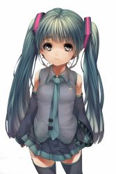 Rule 34 | 1girl, aqua eyes, aqua hair, bad id, bad pixiv id, bare shoulders, detached sleeves, hanjuku otome, hatsune miku, highres, long hair, looking at viewer, necktie, simple background, skirt, solo, thighhighs, twintails, very long hair, vocaloid, white background, zettai ryouiki