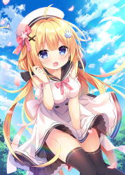Rule 34 | 1girl, :d, ahoge, beret, between legs, black sailor collar, black thighhighs, blonde hair, blue eyes, blue sky, blush, bow, bracelet, breasts, cloud, cloudy sky, commentary request, day, detached sleeves, dress, flower, hair bow, hair ornament, hairclip, hand between legs, hand up, hat, highres, jewelry, leaning forward, long hair, medium breasts, moe2020, open mouth, original, outdoors, pink flower, plaid, plaid bow, puffy short sleeves, puffy sleeves, rabbit hair ornament, red bow, sailor collar, sailor dress, short sleeves, sky, sleeveless, sleeveless dress, smile, solo, thighhighs, umeko machi, very long hair, white hat, white sleeves, x hair ornament