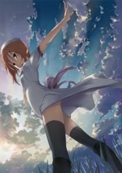 Rule 34 | 1girl, black thighhighs, blue eyes, cloud, cover, dress, ekusa takahito, hat, highres, higurashi no naku koro ni, official art, orange hair, outstretched arms, ryuuguu rena, sky, solo, spread arms, thighhighs, video game cover
