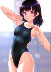 Rule 34 | 1girl, arm up, armpits, bare arms, bare shoulders, black one-piece swimsuit, blurry, blurry background, blush, breasts, closed mouth, collarbone, competition swimsuit, cowboy shot, highres, kuri (kurigohan), lens flare, looking at viewer, medium breasts, one-piece swimsuit, original, purple eyes, short hair, smile, solo, swimsuit