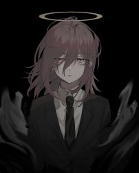 Rule 34 | 1boy, angel, angel devil (chainsaw man), angel wings, black background, black jacket, black necktie, business suit, chainsaw man, collared shirt, expressionless, formal, hair between eyes, halo, highres, jacket, long hair, looking at viewer, male focus, necktie, neckwear request, niku (fjs 1018), open mouth, pink eyes, shirt, simple background, solo, suit, upper body, white shirt, wings