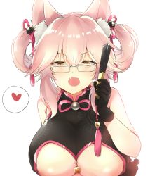 Rule 34 | 1girl, animal ear fluff, animal ears, bad id, bad pixiv id, black dress, blush, breasts, brown hair, china dress, chinese clothes, commentary request, dress, fangs, fate/grand order, fate (series), folded fan, folding fan, fox ears, grey-framed eyewear, hair between eyes, hair ribbon, hand fan, hand up, heart, holding, holding fan, koyanskaya (chinese lostbelt outfit) (fate), koyanskaya (fate), large breasts, long hair, looking at viewer, melings (aot2846), open mouth, over-rim eyewear, pink hair, pink ribbon, revision, ribbon, semi-rimless eyewear, sidelocks, simple background, sleeveless, sleeveless dress, solo, spoken heart, tamamo (fate), twintails, upper body, white background