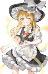 Rule 34 | 1girl, apron, black hat, black skirt, black vest, blonde hair, blush, bow, braid, buttons, collared shirt, commentary request, frilled apron, frilled skirt, frills, hat, hat bow, highres, kirisame marisa, long hair, looking at viewer, mini-hakkero, one eye closed, puffy short sleeves, puffy sleeves, red bow, shirt, short sleeves, simple background, single braid, skirt, skirt set, smile, solo, standing, star (symbol), temmie (temi maru), touhou, vest, waist apron, white apron, white background, white bow, white shirt, witch hat
