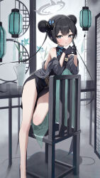 Rule 34 | 1girl, absurdres, black dress, black gloves, black hair, blue archive, braid, braided bun, breasts, butterfly hair ornament, china dress, chinese clothes, coat, commentary, double bun, dragon print, dress, gloves, grey eyes, grey halo, hair bun, hair ornament, halo, hidulume, highres, jacket, kisaki (blue archive), legs, long hair, looking at viewer, pelvic curtain, pinstripe jacket, pinstripe pattern, print dress, sleeveless, sleeveless dress, small breasts, solo, striped clothes, striped coat, striped jacket, thighs, twintails, vertical-striped clothes, vertical-striped coat, vertical-striped jacket