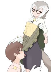 Rule 34 | 1boy, 1girl, bike shorts, black-framed eyewear, black shorts, blush, breasts, brown eyes, brown hair, brown shirt, captain (kemono friends), closed eyes, closed mouth, collared shirt, commentary, cowboy shot, cunnilingus, cunnilingus through clothes, glasses, gloves, hand on another&#039;s head, hetero, highres, illu (illu stratos), kemono friends, kemono friends 3, medium bangs, meerkat (kemono friends), meerkat ears, meerkat tail, open mouth, oral, shirt, short hair, shorts, simple background, skirt, small breasts, symbol-only commentary, tongue, tongue out, two-tone shirt, white background, white gloves, white shirt, yellow shirt