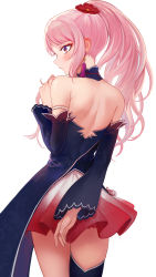 Rule 34 | 1girl, absurdres, asymmetrical legwear, bad id, bad pixiv id, black sleeves, blue choker, blue legwear, blush, character request, choker, closed mouth, cowboy shot, detached sleeves, earrings, flower, from behind, gradient skirt, hair flower, hair ornament, highres, jewelry, long hair, long sleeves, miniskirt, nail polish, pink eyes, pink hair, pleated skirt, ponytail, profile, red flower, red nails, red skirt, shoulder blades, simple background, skirt, solo, standing, virtual youtuber, white background, white skirt, z.boat