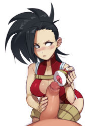 Rule 34 | 10s, 1girl, artificial vagina, bad id, bad pixiv id, belt, belt skirt, big hair, black hair, blue eyes, blush, boku no hero academia, breasts, center opening, cleavage, clothed female nude male, clothed sex, commentary, commission, embarrassed, english commentary, erection, foreskin, highres, imminent handjob, large breasts, large penis, leotard, matryoshka doll, navel, nude, penis, polyle, sex toy, simple background, solo focus, uncensored, white background, yaoyorozu momo