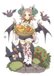 Rule 34 | 1girl, :d, animal print, demon horns, demon wings, fang, food, fruit, giraffe print, highres, hooves, horns, mofuaki, open mouth, original, pointy ears, short hair, simple background, smile, solo, tail, white background, wings