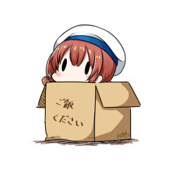 Rule 34 | 1girl, box, brown hair, cardboard box, dated, hair rings, hat, hatsuzuki 527, in box, in container, kaiboukan no.4 (kantai collection), kantai collection, long hair, low twintails, sailor hat, simple background, solid oval eyes, solo, translation request, twintails, twitter username, white background, white hat
