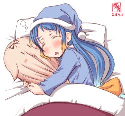 Rule 34 | 1girl, alternate costume, artist logo, bed, bed sheet, blanket, blue hair, blush, closed eyes, cowboy shot, dated, drooling, gradient hair, hair between eyes, hair ribbon, hat, highres, hug, hugging object, indoors, kanon (kurogane knights), kantai collection, long hair, long sleeves, lying, mob cap, multicolored hair, nightcap, on side, open mouth, pajamas, pillow, pillow hug, ribbon, samidare (kancolle), signature, simple background, sleeping, solo, stuffed toy, the yuudachi-like creature, very long hair, white background, yellow ribbon