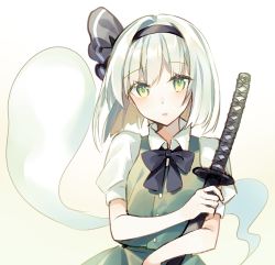 Rule 34 | 1girl, bad id, bad pixiv id, black bow, black bowtie, black hairband, black ribbon, blush, bow, bowtie, commentary request, gradient background, green background, green eyes, green skirt, green vest, hair ribbon, hairband, hitodama, holding, holding sword, holding weapon, katana, konpaku youmu, konpaku youmu (ghost), looking at viewer, parted lips, partial commentary, puffy short sleeves, puffy sleeves, raka (cafe latte l), ribbon, scabbard, sheath, sheathed, shirt, short hair, short sleeves, silver hair, skirt, skirt set, solo, sword, touhou, upper body, vest, weapon, white background, white shirt