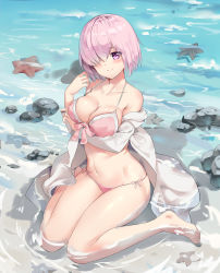Rule 34 | 1girl, absurdres, alternate costume, barefoot, beach, bikini, blush, breast hold, breasts, c:, collarbone, day, derivative work, fate/grand order, fate (series), hair over one eye, highres, large breasts, layered bikini, light purple hair, long sleeves, looking at viewer, mash kyrielight, meinuoxuan 999, navel, ocean, open clothes, open shirt, partially submerged, pink bikini, purple eyes, shirt, short hair, side-tie bikini bottom, sitting, smile, solo, starfish, stomach, strap gap, swimsuit, wariza, water, white shirt