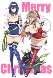 2girls absurdres bare_shoulders blue_hair breasts christmas cleavage halcon hat highres large_breasts looking_at_viewer merry_christmas monster multicolored_hair multiple_girls one_eye_closed original santa_hat streaked_hair thick_thighs thighhighs thighs