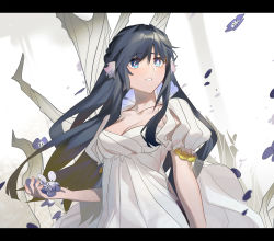 Rule 34 | 1girl, absurdres, airseal, alternate costume, arknights, astesia (arknights), bare tree, black hair, blue eyes, breasts, bright pupils, cleavage, collarbone, detached sleeves, dress, flower, hair intakes, highres, holding, holding flower, letterboxed, long hair, looking up, medium breasts, parted lips, puffy short sleeves, puffy sleeves, short sleeves, solo, strapless, strapless dress, tree, upper body, very long hair, white dress