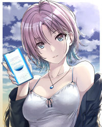 Rule 34 | 1girl, ahoge, aqua eyes, asakura toru, bare shoulders, black jacket, blue hair, blue nails, border, breasts, cellphone, cloud, cloudy sky, collarbone, commentary request, day, earrings, fingernails, gradient hair, hi-ho-, highres, holding, holding phone, idolmaster, idolmaster shiny colors, jacket, jewelry, long fingernails, long sleeves, looking at viewer, medium breasts, multicolored hair, nail polish, necklace, off shoulder, open clothes, open jacket, outdoors, outside border, parted bangs, parted lips, phone, purple hair, short hair, sky, smartphone, smile, solo, upper body, white border
