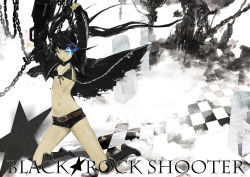 Rule 34 | 10s, 1girl, absurdres, arms up, belt, bikini, bikini top only, black hair, black rock shooter, black rock shooter (character), blue eyes, boots, breasts, chain, checkered floor, cleavage, floor, front-tie top, glowing, glowing eye, glowing eyes, highres, jacket, kiyohisa, kneeling, long hair, navel, perspective, scar, short shorts, shorts, small breasts, solo, star (symbol), stitches, swimsuit, twintails, vanishing point, weapon