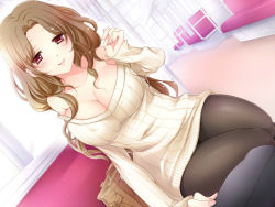 Rule 34 | 1boy, 1girl, bag, black pantyhose, blush, breasts, brown hair, cleavage, covered erect nipples, hakuou (levi77), handbag, hetero, large breasts, long hair, long sleeves, looking at viewer, mature female, off-shoulder, off-shoulder sweater, off shoulder, original, pantyhose, pov, red eyes, ribbed sweater, sitting, smile, sweater, train, wide hips