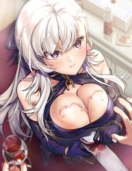 Rule 34 | 1girl, absurdres, alcohol, azur lane, bare shoulders, belfast (azur lane), belfast (the noble attendant) (azur lane), blurry, blurry background, blurry foreground, blush, bottle, bracelet, braid, breasts, cleavage, cleavage cutout, clothing cutout, collarbone, cup, depth of field, dress, drinking glass, elbow gloves, french braid, from above, furon (froon), gloves, hair between eyes, hair ribbon, halter dress, halterneck, highres, jewelry, large breasts, long hair, looking at viewer, out of frame, parted lips, pouring onto another, pov, pov hands, purple dress, purple eyes, purple gloves, purple ribbon, ribbon, sidelocks, sleeveless, sleeveless dress, solo focus, suggestive fluid, white hair, wine