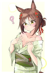 Rule 34 | 1girl, ?, absurdres, animal ears, bare shoulders, blush, breasts, cleavage, closed mouth, clover hair ornament, fine motion (umamusume), green eyes, green kimono, hair between eyes, hair bun, hair ornament, highres, horse ears, horse girl, horse tail, japanese clothes, kimono, long sleeves, obi, off shoulder, sash, short hair, simple background, small breasts, solo, tail, tiara (871220), umamusume, upper body, v-shaped eyebrows, white background, yukata