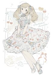Rule 34 | 1girl, ahoge, aqua dress, aqua footwear, aqua ribbon, asase (asariya), bare shoulders, blush, bow, brown hair, cherry, cherry print, closed mouth, cropped legs, detached sleeves, dress, english text, expressionless, eyelashes, food, food print, frilled dress, frills, fruit, full body, gloves, hair bow, hair ornament, heart, heart hair ornament, high heels, highres, idolmaster, idolmaster cinderella girls, idolmaster cinderella girls starlight stage, leaf, legs, lolita fashion, long hair, looking at viewer, multicolored clothes, multicolored dress, multiple hair bows, no sclera, off shoulder, official alternate costume, own hands together, photo (object), pink ribbon, postage stamp, print dress, puffy detached sleeves, puffy sleeves, ribbon, sato shin, shell, sidelocks, solo, star (symbol), strappy heels, sweet lolita, swept bangs, twintails, white background, white dress, white gloves