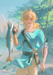 Rule 34 | 1boy, animal, black gloves, blonde hair, blue eyes, blue tunic, cowboy shot, earrings, fingerless gloves, fish, fishing rod, gloves, grey pants, hair between eyes, holding, holding animal, holding fish, holding fishing rod, jewelry, leaf, link, looking at viewer, low ponytail, male focus, medium hair, nature, nintendo, outdoors, pants, pointy ears, sidelocks, sleeves rolled up, solo, the legend of zelda, the legend of zelda: tears of the kingdom, toaot