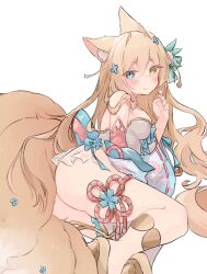 1girl animal_ear_fluff animal_ears aqua_bow ass blue_eyes blue_nails bow breasts detached_sleeves double-parted_bangs dress fox_ears fox_girl fox_tail gold_footwear green_bow hair_between_eyes hair_bow hair_intakes hair_ornament heterochromia highres light_blush long_hair looking_at_viewer lying medium_breasts multiple_tails nekonika_(e102k) on_side original simple_background smile solo strapless strapless_dress tail very_long_hair white_background wide_sleeves yellow_eyes