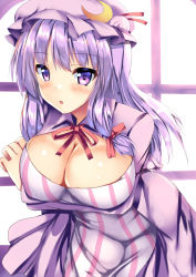 Rule 34 | 1girl, :o, backlighting, bloom, blush, breasts, cleavage, crescent, crescent hat ornament, dress, hat, hat ornament, indoors, large breasts, leaning forward, long hair, looking at viewer, mob cap, open mouth, patchouli knowledge, purple eyes, purple hair, red ribbon, ribbon, ryokushiki (midori-ya), solo, striped clothes, striped dress, touhou, window