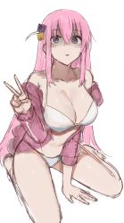 Rule 34 | absurdres, bare legs, bare shoulders, between legs, bikini, bocchi the rock!, breasts, cleavage, collarbone, despair, dokuro deluxe, gotoh hitori, highres, jacket, large breasts, leaning forward, long hair, long sleeves, looking at viewer, navel, open clothes, open jacket, parted lips, pink jacket, purple eyes, shaded face, sitting, stomach, swimsuit, thighs, unfinished, v, very long hair, wariza, white bikini