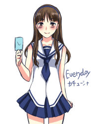 Rule 34 | 1girl, bare shoulders, blush, brown eyes, brown hair, female focus, food, hairband, long hair, necktie, original, popsicle, simple background, skirt, sleeveless, smile, solo, tottoto tomekichi, white background
