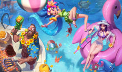 Rule 34 | 3girls, :d, alternate costume, alternate hair color, bare arms, bare hips, bare shoulders, barefoot, beard, beemo, bikini, bird, bracelet, breasts, caitlyn (league of legends), cleavage, cleavage cutout, clothing cutout, colored skin, crab, day, duck, eyewear on head, facial hair, fish, flat chest, flip-flops, flower, gangplank (league of legends), goggles, green eyes, grill, gun, hair flower, hair ornament, hat, heart, heterochromia, holding, innertube, jewelry, large breasts, league of legends, lifebuoy, lips, long hair, lulu (league of legends), lying, medium breasts, miss fortune (league of legends), multiple boys, multiple girls, navel, one-piece swimsuit, open mouth, outdoors, pool, pool party caitlyn, pool party gangplank, pool party lulu, pool party miss fortune, pool party ziggs, pool party zoe, purple eyes, purple hair, purple skin, red hair, ribbon, rifle, rift scuttler, sandals, smile, sniper rifle, squid hat, sunglasses, swim ring, swimsuit, teemo, very long hair, water, water gun, weapon, yordle, ziggs, zoe (league of legends)