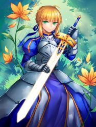 Rule 34 | 1girl, ahoge, armor, artoria pendragon (fate), bad id, bad pixiv id, blonde hair, dress, excalibur (fate/stay night), fate/stay night, fate (series), flower, gauntlets, glowing, glowing sword, glowing weapon, green eyes, highres, jitome, saber (fate), sanme, solo, weapon