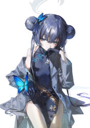 1girl black_hair blue_archive braid braided_bun bug butterfly butterfly_hair_ornament china_dress chinese_clothes double_bun dragon_print dress gloves grey_eyes grey_halo grey_jacket hair_bun hair_ornament halo highres insect jacket kisaki_(blue_archive) open_clothes open_jacket pelvic_curtain quasarcake twintails