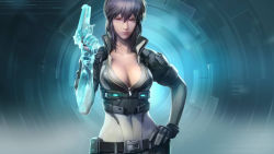 Rule 34 | 1girl, belt, bodysuit, breasts, camouflage, cleavage, crop top, cropped jacket, cyborg, ghost in the shell, ghost in the shell stand alone complex, ghost in the shell stand alone complex first assault, gloves, gun, hand on own hip, kusanagi motoko, large breasts, light purple hair, official art, purple hair, red eyes, solo, weapon